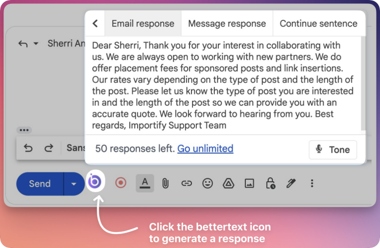 Screenshot from How to Use the Reply to Email Feature in Bettertext: A Guide and Benefits