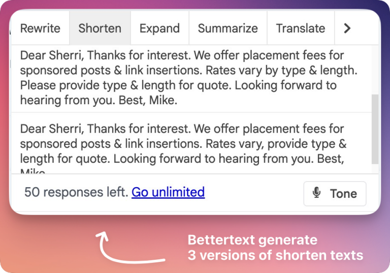 Screenshot from How to Use the Bettertext Shorten, Expand, and Summarize Features