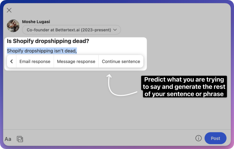 Screenshot from How to Use the "Continue to write" Function in Bettertext: A Guide and Benefits