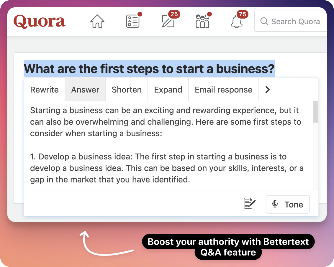 Screenshot from How to use the "Answer questions" Bettertext feature?